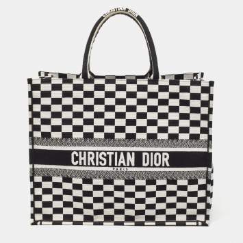 Pre Owned Dior Black/White Checkered Embroidered Canvas Large Book Tote