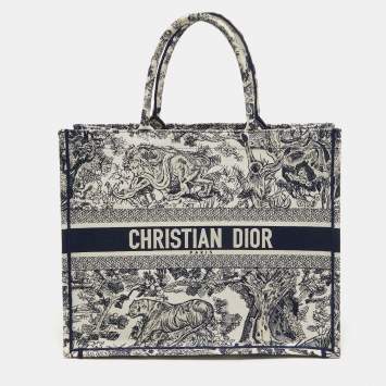 Pre Owned Dior Navy Blue/White Toile De Jouy Embroidery Canvas Large Book Tote