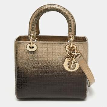 Pre Owned Dior Ombre Gold Micro Cannage Patent Leather Medium Lady Dior Tote