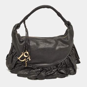 Pre Owned Dior Dark Grey Leather Small Gypsy Ruffle Hobo