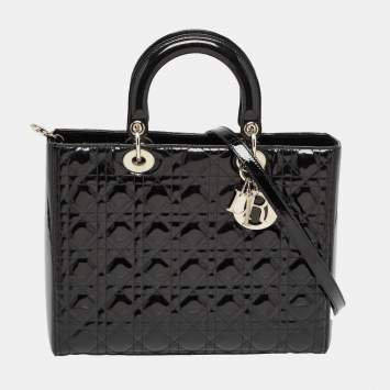 Pre Owned Dior Black Cannage Patent Leather Large Lady Dior Tote