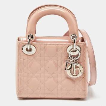 Pre Owned Dior Pink Cannage Patent Leather Mini Lady Dior Tote