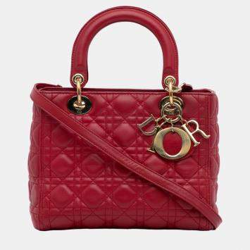 Pre Owned Dior Red Medium Lambskin Cannage Lady Dior