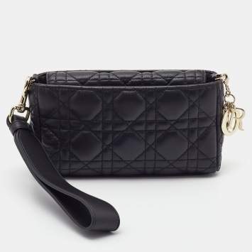 Pre Owned Dior Black Cannage Leather Flap Wristlet Clutch