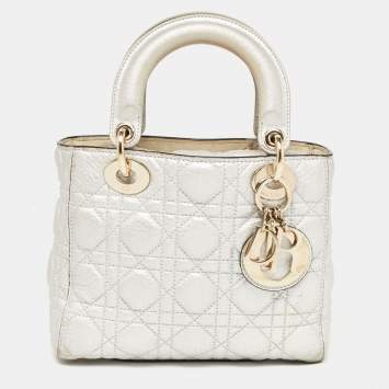 Pre Owned Dior Silver Cannage Leather Small Supple Lady Dior Tote