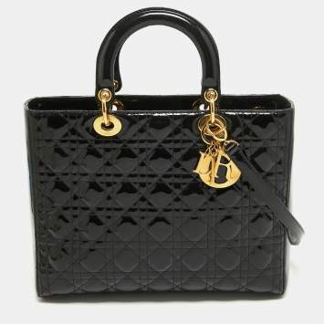Pre Owned Dior Black Cannage Patent Leather Large Lady Dior Tote
