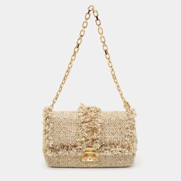 Pre Owned Dior Gold/Beige Tweed Medium Miss Dior Flap Bag