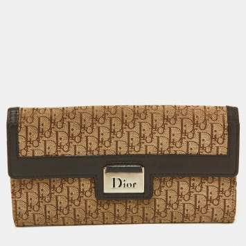 Pre Owned Dior Beige/Brown Oblique Canvas and Leather Flap Continental Wallet