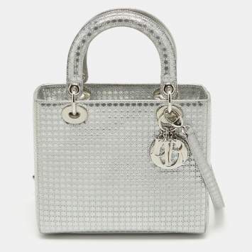 Pre Owned Dior Silver Micro Cannage Patent Leather Medium Lady Dior Tote