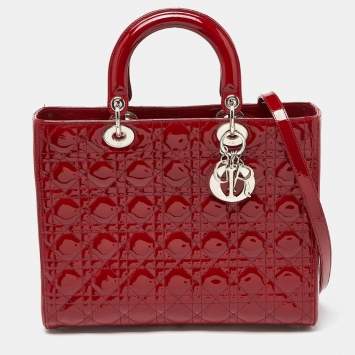 Pre Owned Dior Red Cannage Patent Leather Large Lady Dior Tote