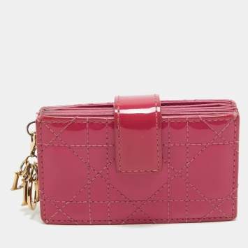 Pre Owned Dior Pink Cannage Patent Leather Lady Dior 5 Gusset Card Holder