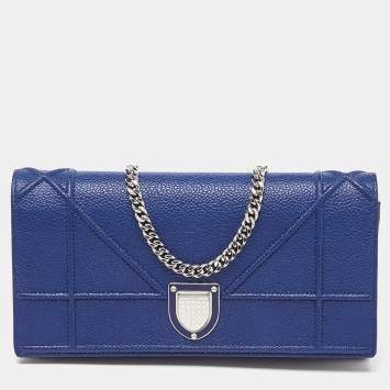 Pre Owned Dior Navy Blue Leather Diorama Wallet On Chain