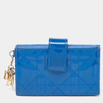 Pre Owned Dior Blue Cannage Patent Leather 5 Gusset Card Holder