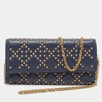 Pre Owned Dior Navy Blue Leather Studded Lady Dior Wallet on Chain
