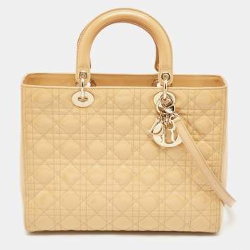 Pre Owned Dior Beige Cannage Patent Leather Large Lady Dior Tote