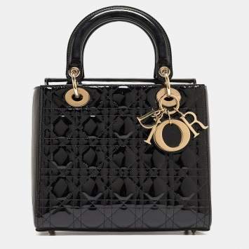 Pre Owned Dior Black Cannage Patent Leather Medium Lady Dior Tote