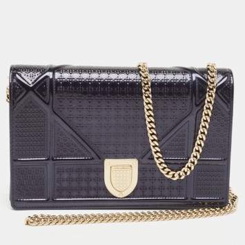 Pre Owned Dior Navy Blue Patent Leather Diorama Wallet on Chain