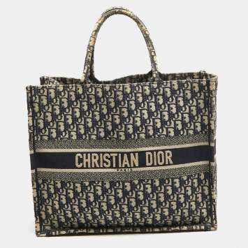 Pre Owned Dior Navy Blue Oblique Embroidered Canvas Large Book Tote