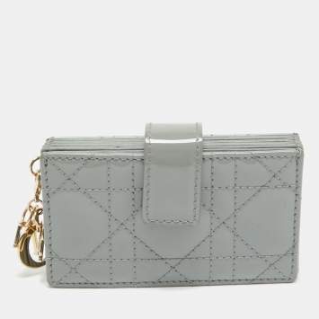 Pre Owned Dior Grey Cannage Patent Leather Lady Dior 5 Gusset Card Holder