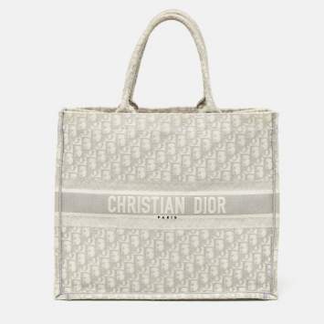 Pre Owned Dior Grey Oblique Embroidered Canvas Large Book Tote