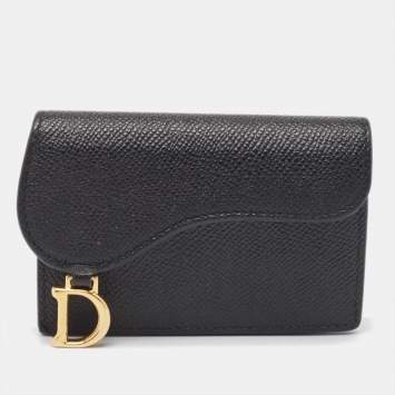 Pre Owned Dior Black Leather Saddle Flap Card Case