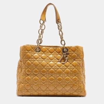 Pre Owned Dior Yellow Cannage Patent Leather Large Soft Lady Dior Shopper Tote