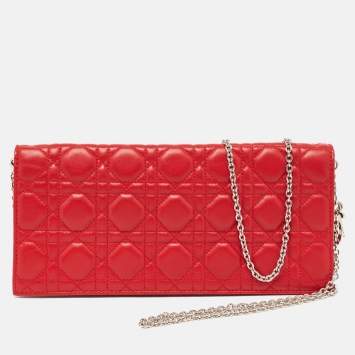 Pre Owned Dior Red Cannage Leather Lady Dior Chain Clutch
