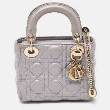 Pre Owned Dior Grey Cannage Leather Mini Chain Lady Dior Tote