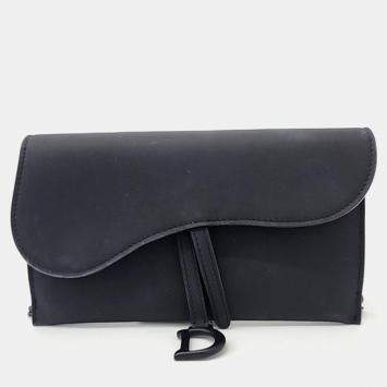 Pre Owned Dior Black Ultra-matte Leather Saddle Chain Wallet