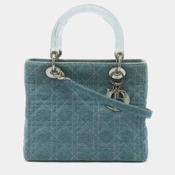 Pre Owned Dior Blue Denim Medium Lady Dior Tote Bag