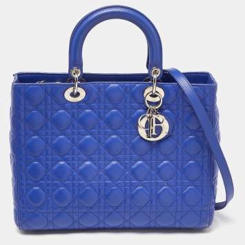 Pre Owned Dior Blue Cannage Leather Large Lady Dior Tote