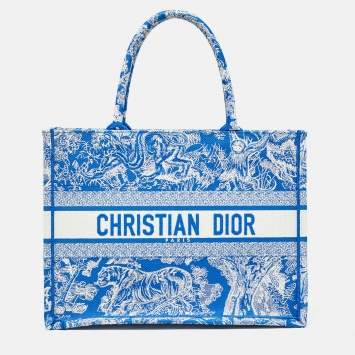 Pre Owned Dior Blue/White Embroidered Canvas Medium Toile de Jouy Book Tote 