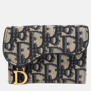 Pre Owned Dior Blue Oblique Canvas Saddle Flap Card Holder
