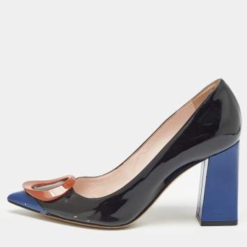 Pre Owned Dior Black/Blue Patent Pointed Toe Block Heel Pumps Size 37.5
