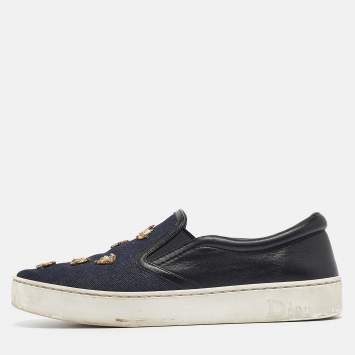 Pre Owned Dior Navy Blue/Black Denim and Leather Dior Happy Sneakers Size 38.5