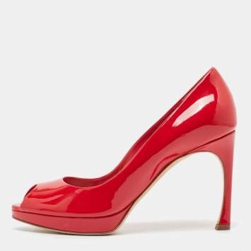 Pre Owned Dior Red Patent Leather Peep Toe Platform Pumps Size 37