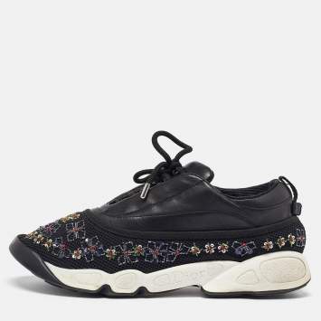 Dior Black Leather and Mesh Beads Embellished Low Top Sneakers Size 42