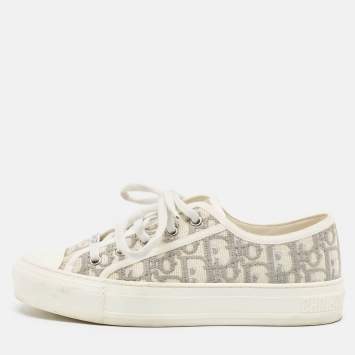 Pre Owned Dior Grey/Cream Canvas Walk'n'Dior Lace Up Sneakers Size 37