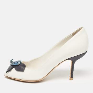 Pre Owned Dior White Leather Flower Applique Peep Toe Pumps Size 37.5