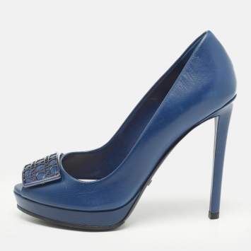 Pre Owned Dior Navy Blue Leather Peep Toe Platform Pumps Size 36