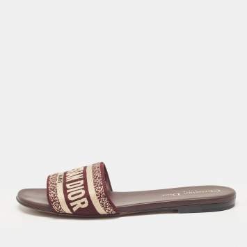 Pre Owned Dior Burgundy/Cream Embroidered Canvas Dway Flat Slides Size 37