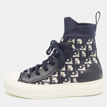 Pre Owned Dior Navy Blue Fabric and Leather Walk'n'Dior High Top Sneakers Size 34.5