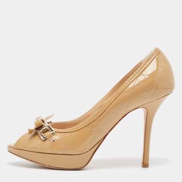 Pre Owned Dior Beige Cannage Patent Bow Peep Toe Pumps Size 38.5