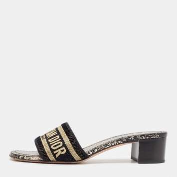 Pre Owned Dior Black/Gold Fabric Dway Slide Sandals Size 37.5