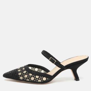 Pre Owned Dior Black Embellished Mesh Dior Capture Ankle Strap Mules Size 36.5
