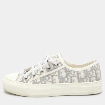 Pre Owned Dior Grey/White Oblique Embroidered Fabric Walk'n'Dior Low Top Sneakers Size 38.5