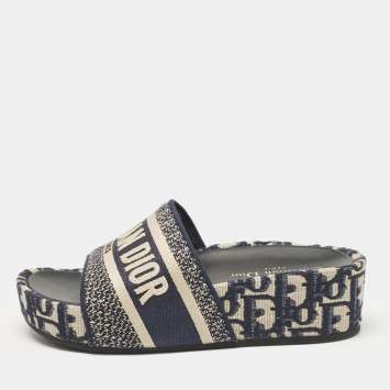 Pre Owned Dior Navy Blue/White Embroidered Canvas D-Way Platform Sandals Size 36