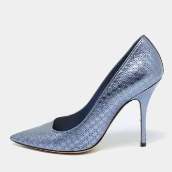 Pre Owned Dior Metallic Blue Cannage Patent Leather Cherie Pointed Toe Pumps Size 38