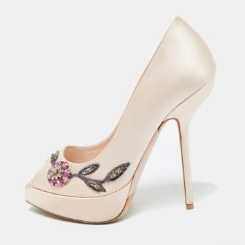 Pre Owned Dior Peach Satin Embellished Peep Toe Platform Pumps Size 38