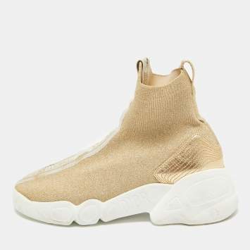 Pre Owned Dior Gold Glitter Stretch Fabric Sock High Top Sneakers Size 37.5